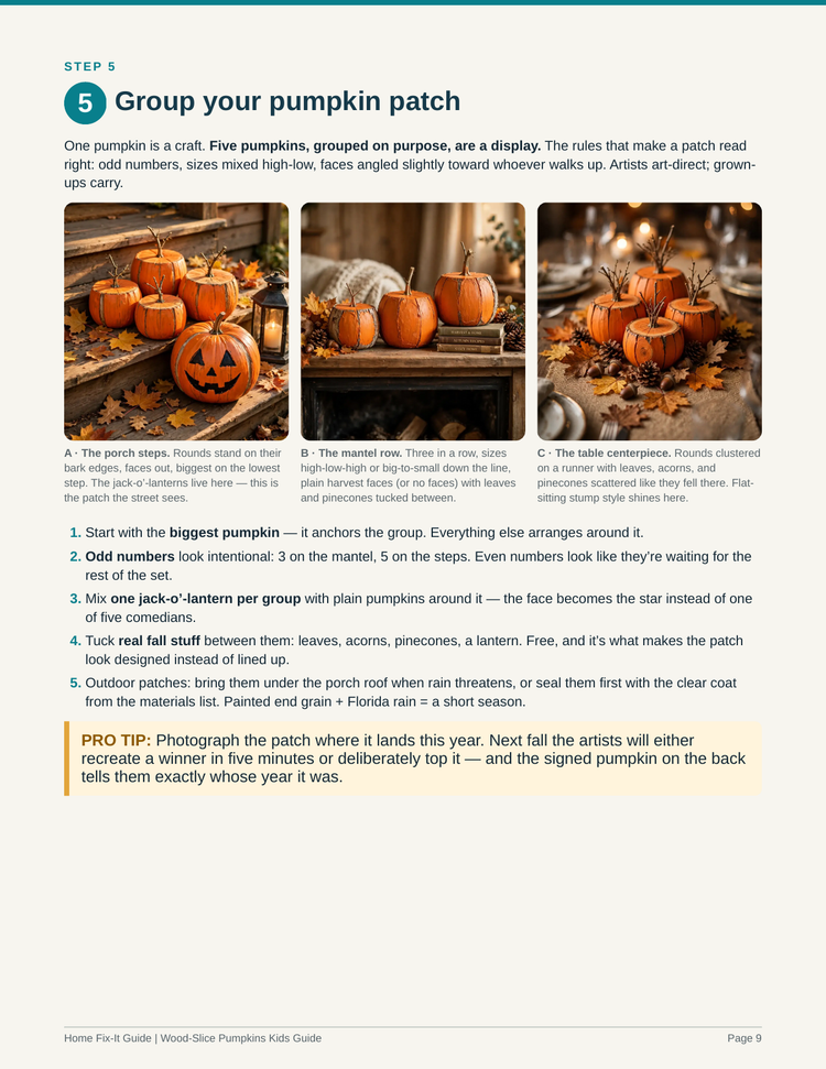 Wood Slice Pumpkins Kids Woodworking Project PDF | Fall Porch Decor Craft Pattern | DIY Paint Your Own Pumpkins eBook