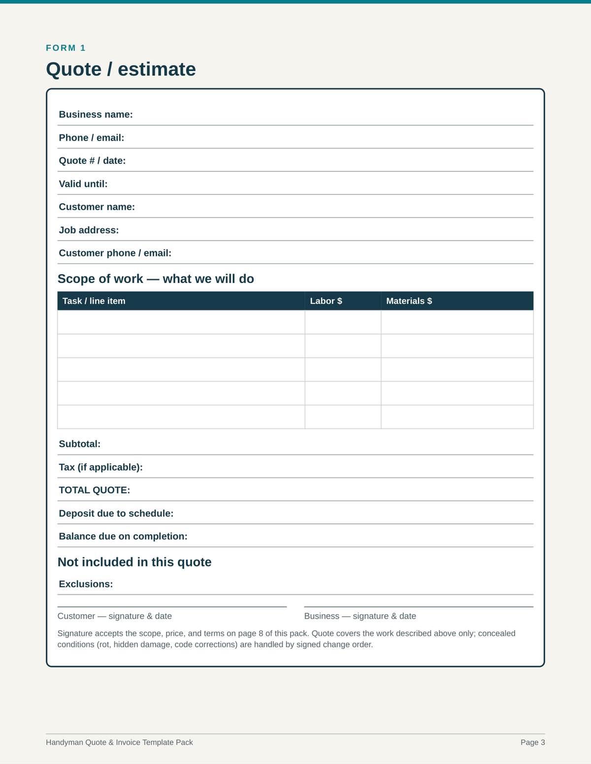 Handyman Quote & Invoice Template Pack PDF