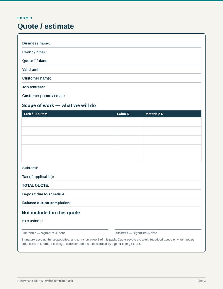 Handyman Quote & Invoice Template Pack PDF
